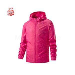 May include: A bright pink hooded jacket with a full-length zipper. The jacket has a lightweight, slightly shiny appearance. The words "BEST QUALITY" are printed on a red and white badge in the upper left corner.