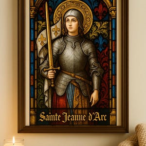 Póster imprimible de Juana de Arco, vitral medieval, póster digital católico, imprimible, PDF