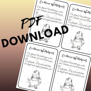 Puede incluir: Una descarga PDF imprimible con cuatro tarjetas con una ilustración de gnomo. Cada tarjeta tiene un gráfico de gnomo y texto en alemán. Las tarjetas son blancas con texto negro y un diseño caprichoso.