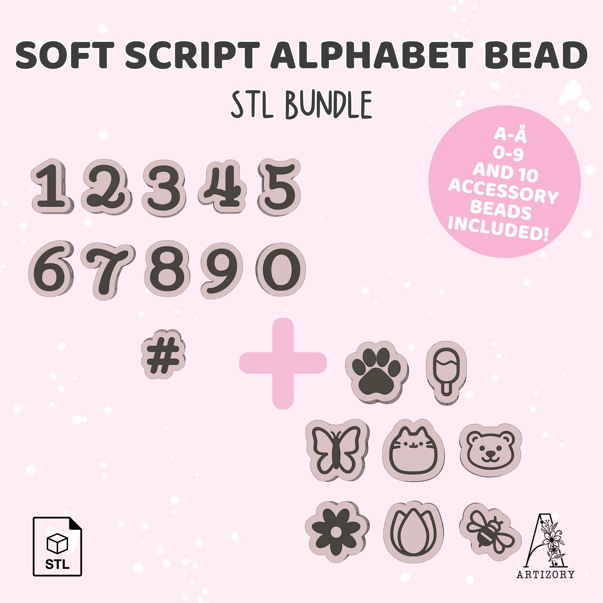 Soft Script Alphabet Bead STL Bundle, Horizontal Hole Charms (A-Z, 0-9 ...
