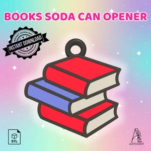 May include: A whimsical soda can opener shaped like a stack of books, with red and blue covers and off-white pages. The design includes the text "BOOKS SODA CAN OPENER" and "INSTANT DOWNLOAD". A black ring is attached for hanging.