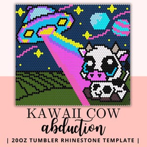 May include: A colorful rhinestone template design featuring a cartoon cow being abducted by a UFO. The image includes a starry night sky, a rainbow abduction beam, and the text "KAWAII COW abduction".