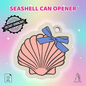May include: A pink seashell can opener with a blue bow, outlined in black. The text "SEASHELL CAN OPENER" is at the top. Includes "INSTANT DOWNLOAD" and "STL" icons.
