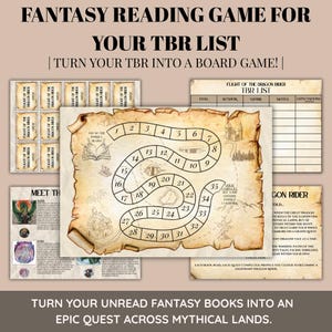May include: A fantasy board game featuring a map-style game board, cards, and a TBR list. The game board resembles an old map with a winding path and numbered spaces. The game's theme revolves around fantasy books and reading.