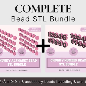 May include: A digital download bundle featuring chunky alphabet and number beads in a pink color. The alphabet set includes letters with horizontal and vertical holes. The number set includes numbers with horizontal and vertical holes. The text reads "COMPLETE Bead STL Bundle".