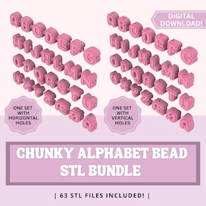 Könnte beinhalten: Rosa klobiges Alphabet-Perlen-STL-Bundle. Enthält zwei Sätze von 3D-modellierten Buchstaben, einen mit horizontalen Löchern und einen mit vertikalen Löchern. Die Wörter "Digitaler Download" und "Klobiges Alphabet-Perlen-STL-Bundle" sind ebenfalls sichtbar.
