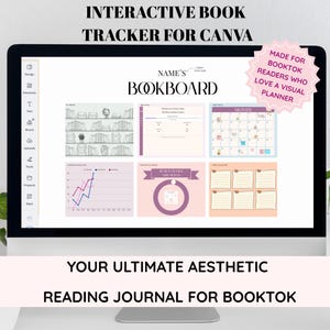 以下が含まれることがあります： Canva 用のデジタルブックトラッカーが映し出されたコンピューター画面。 「Bookboard」と表示され、カレンダー、グラフ、メモセクションが含まれています。 テキストには「Interactive Book Tracker for Canva」と「Your Ultimate Aesthetic Reading Journal for Booktok」と書かれています。