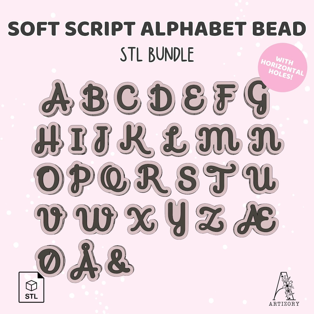 Soft Script Alphabet Bead STL Bundle, Horizontal Hole Charms (A-Z, 0-9 ...