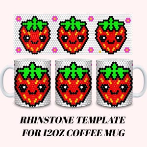 Strawberry Rhinestone Mug Wrap SS16 | 9x3in Kawaii Cup Template PNG | 12oz Honeycomb Grid Design for Sublimation & DIY Bling Crafts