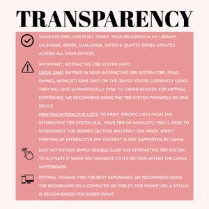 以下が含まれることがあります： 大きな黒い文字で「TRANSPARENCY」という言葉が書かれたピンクと白のグラフィック。テキストでは、同期、保存、リストの印刷、アクティベーションの手順など、インタラクティブなTBRシステムの使用方法について説明しています。最適な表示方法も推奨しています。