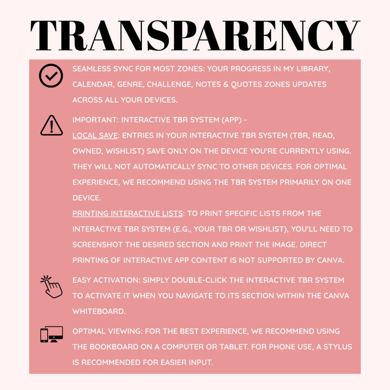 以下が含まれることがあります： 大きな黒い文字で「TRANSPARENCY」という言葉が書かれたピンクと白のグラフィック。テキストでは、同期、保存、リストの印刷、アクティベーションの手順など、インタラクティブなTBRシステムの使用方法について説明しています。最適な表示方法も推奨しています。