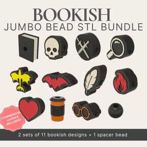 May include: A selection of black beads with various book-themed designs, including a book, skull, swords, magnifying glass, bird, bat, feather, flame, heart, coffee cup, glasses, and a spacer bead. The text "BOOKISH JUMBO BEAD STL BUNDLE" is at the top.