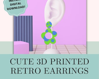 May include: A pair of 3D-printed retro earrings with a flower design, green petals, and blue accents, displayed on a white ear model. The image includes the text "INSTANT DIGITAL DOWNLOAD!" and "CUTE 3D PRINTED RETRO EARRINGS".