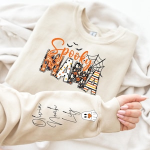 Custom Halloween Spooky Mama Sweatshirt with Kids Name on Sleeve Sweatshirt, Cool Mama Halloween Sweatshirt, Mama Halloween Gift,Custom Mama
