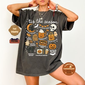 Vintage Halloween Comfort Colors® Shirt, Tis&#39; the Season, Retro Halloween Aesthetic, Women&#39;s Halloween Shirt, Pumpkin Witch Graphic Tee