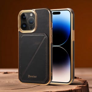 Echt rundleer telefoonhoesje met kaarthouder – magnetische portemonneecover voor iP 16, 15, 14, 13, 12 Pro Max en 16 Plus