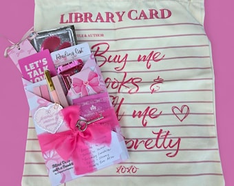 Romance Premium Blind Date with a Book & Pink Library Card Coquette Tote Bag Wrapped Gift Bundle for Book Lovers