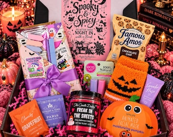 May include: A gift box containing a Spooky & Spicy book-themed card, a bag of Famous Amos chocolate chip cookies, orange pumpkin-patterned fuzzy socks, a Freak in the Sheets candle, a pumpkin facial mask, tea bags, and lip balm.