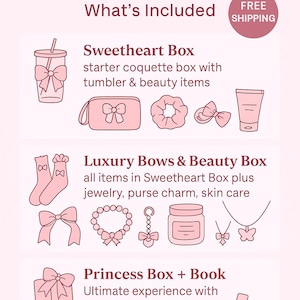 Puede incluir: Gr&aacute;fico rosa que muestra una Bows & Beauty Gift Box con tres niveles de art&iacute;culos: Sweetheart Box, Luxury Bows & Beauty Box y Princess Box + Book. Incluye un vaso, una scrunchie, joyas y esmalte de u&ntilde;as.