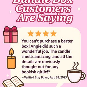 Puede incluir: Gr&aacute;fico rosa con texto "What Bundle Box Customers Are Saying" e ilustraciones de una caja de regalo, vela, libro abierto y taza de caf&eacute;. Incluye una rese&ntilde;a de cliente y el nombre de la tienda.