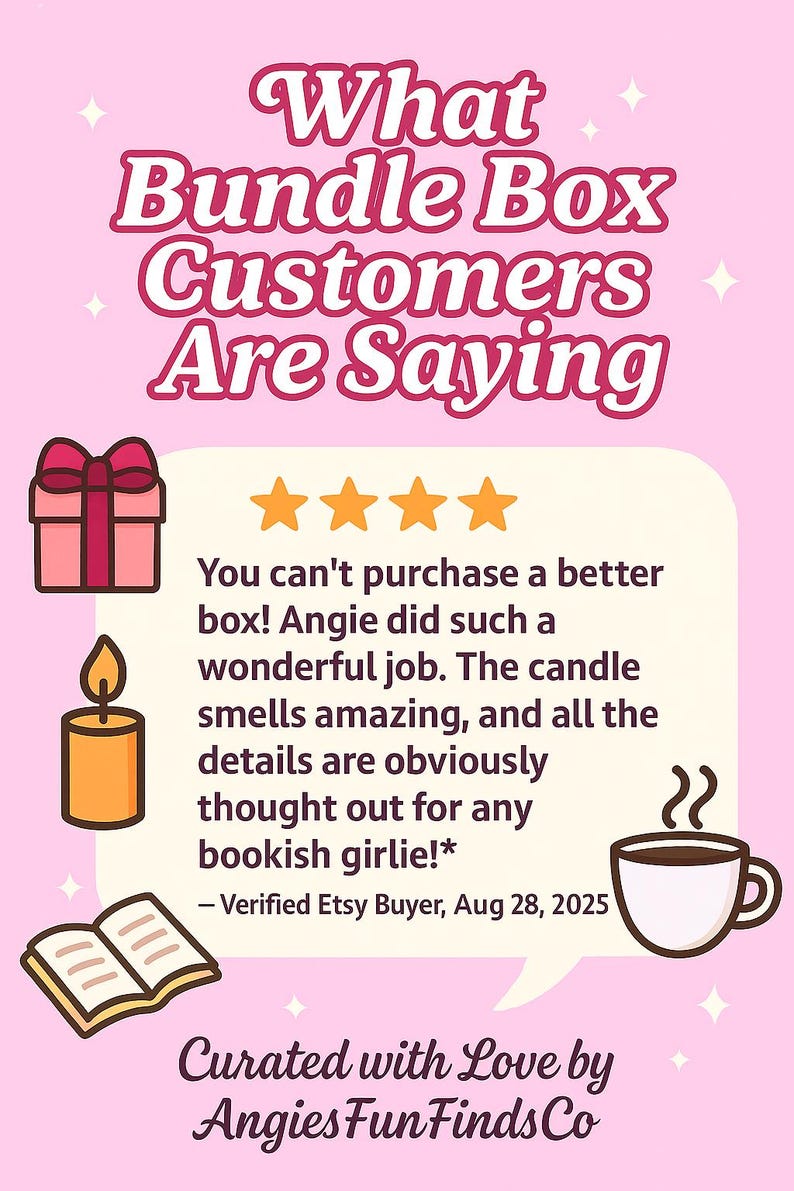 Puede incluir: Gr&aacute;fico rosa con texto "What Bundle Box Customers Are Saying" e ilustraciones de una caja de regalo, vela, libro abierto y taza de caf&eacute;. Incluye una rese&ntilde;a de cliente y el nombre de la tienda.