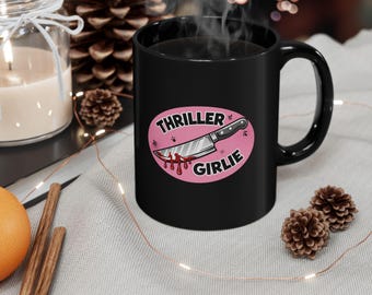 Thriller Girlie Knife Graphic Mug: Pink & Black Ceramic Coffee Mug for Book Lover