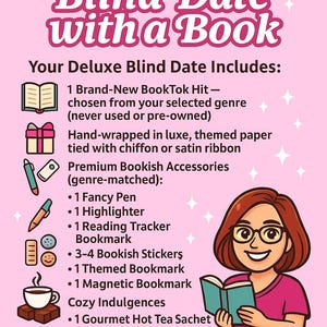 Puede incluir: Gr&aacute;fico rosa con texto "Deluxe Blind Date with a Book". Incluye un libro nuevo, accesorios como un bol&iacute;grafo, un resaltador, pegatinas, un marcap&aacute;ginas, t&eacute; o caf&eacute; y chocolate. Ilustraci&oacute;n de una mujer leyendo.