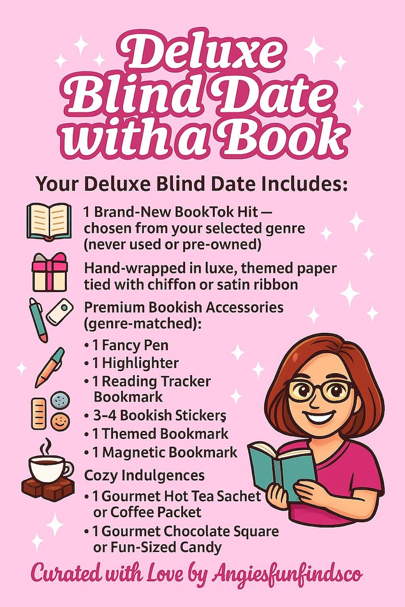 Puede incluir: Gr&aacute;fico rosa con texto "Deluxe Blind Date with a Book". Incluye un libro nuevo, accesorios como un bol&iacute;grafo, un resaltador, pegatinas, un marcap&aacute;ginas, t&eacute; o caf&eacute; y chocolate. Ilustraci&oacute;n de una mujer leyendo.