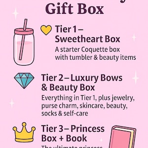 Puede incluir: Un gr&aacute;fico rosa con el texto "Choose Your Bows & Beauty Gift Box". Enumera tres niveles de cajas de regalo: Sweetheart, Luxury Bows & Beauty y Princess Box + Book. Incluye un vaso, joyas, cuidado de la piel y un libro.