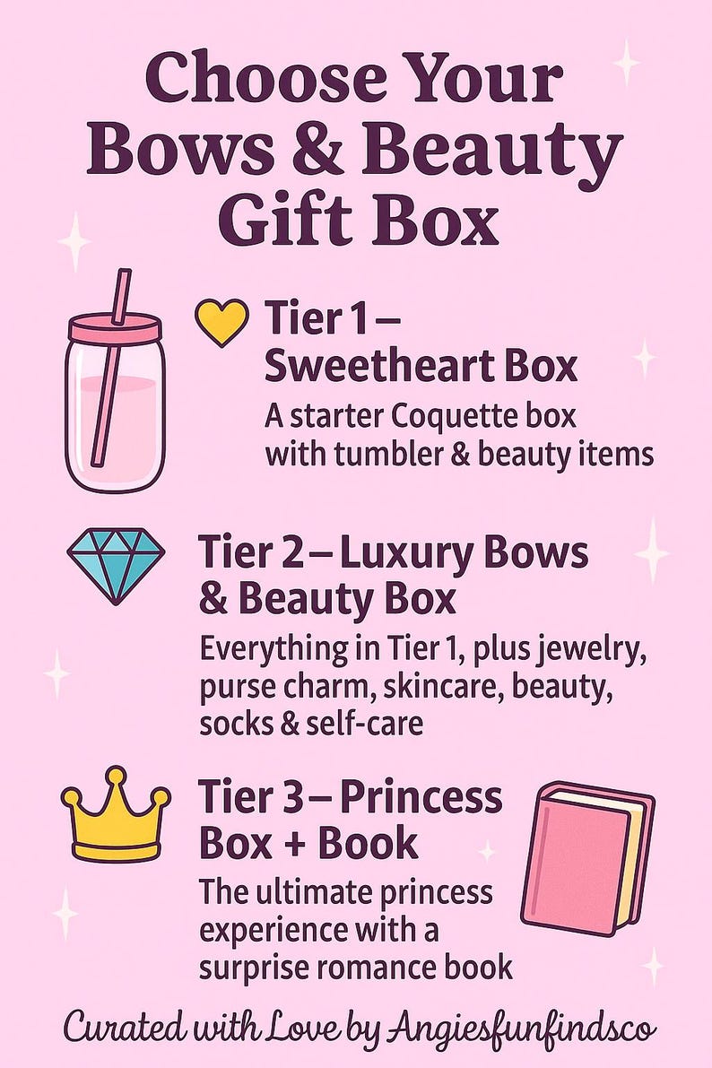 Puede incluir: Un gr&aacute;fico rosa con el texto "Choose Your Bows & Beauty Gift Box". Enumera tres niveles de cajas de regalo: Sweetheart, Luxury Bows & Beauty y Princess Box + Book. Incluye un vaso, joyas, cuidado de la piel y un libro.