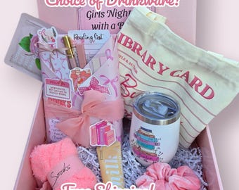 Pink Coquette Premium Blind Date with a Book Box – Buy Me Books Library Tote & Choice of Tumbler or Glass Drinkware Bundle with Skincare