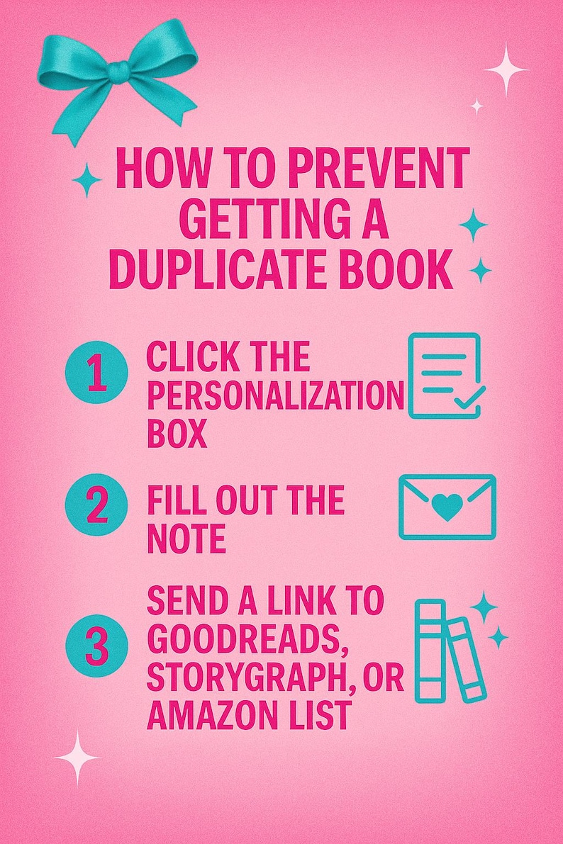 Puede incluir: Gr&aacute;fico rosa con detalles turquesa. El texto dice "C&oacute;mo evitar obtener un libro duplicado". Los pasos incluyen hacer clic en el cuadro de personalizaci&oacute;n, completar la nota y enviar un enlace a Goodreads, Storygraph o Amazon.