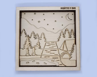3D wooden gift, camping motif or personalized, multi-layered, mountains, hiking, couple, family, wall or furniture decoration