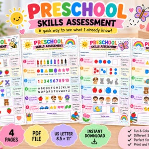 Puede incluir: Cuatro hojas de trabajo coloridas para evaluar habilidades preescolares que presentan actividades educativas como identificar colores, formas, números, letras y patrones. Cada página incluye un encabezado con el texto Preschool Skills Assessment y varias ilustraciones de animales, frutas y objetos.