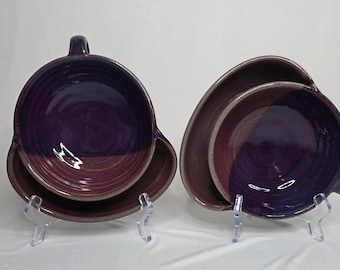 Signed Studio Pottery Soup & Cracker Bowls | Pair| Purple Stoneware | Handmade