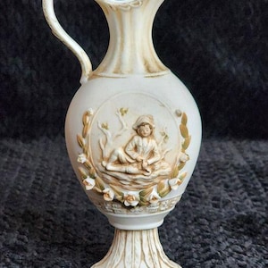 Vintage Lefton Bone China Pitcher KW156, Cherub Design, Decorative Vase