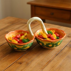 Puede incluir: Un plato de cerámica para servir con dos cuencos conectados por un asa blanca. Los cuencos son amarillos con diseños florales verdes y bordes naranjas. Cada cuenco está lleno de caramelos coloridos y hojas verdes.