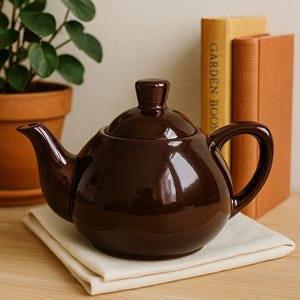 Puede incluir: Una tetera de cerámica marrón oscuro brillante, con cuerpo redondeado, boquilla curva y asa de bucle. La tetera tiene una tapa a juego con un pequeño pomo. Se encuentra sobre un paño plegado de color crema.