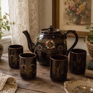 Puede incluir: Una tetera de cerámica marrón oscuro y cuatro tazas cilíndricas a juego, decoradas con intrincados patrones de filigrana dorada y pequeños detalles florales de colores. La tetera cuenta con una tapa y un asa curva, mientras que las tazas no tienen asa.