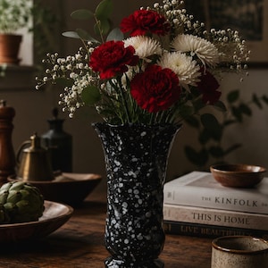 Vintage Black Speckled Pottery Vase | Art Deco Style | Scalloped Rim | Bud Vase