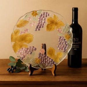 Vintage Mikasa Chablis Savoir Vivre Grape & Leaf Glass Platter  13&quot; Round, Iridescent Embossed Design