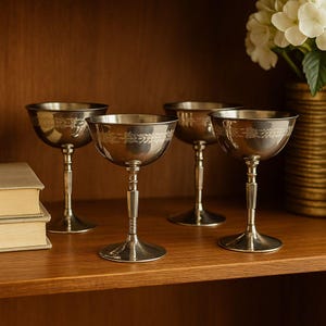 Vintage Etched Chrome Cocktail Glasses  Art Deco Stemware  Set of 4