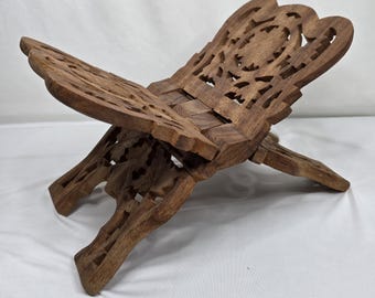 Vintage Hand Carved Wood Folding Book Stand | Rehal Holder | Made in India