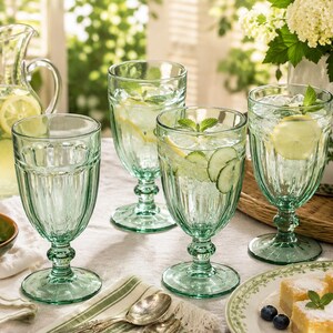 Vintage Libbey Duratuff Gibraltar Spanish Green Goblets Set 4 Iced Tea or Water Glasses