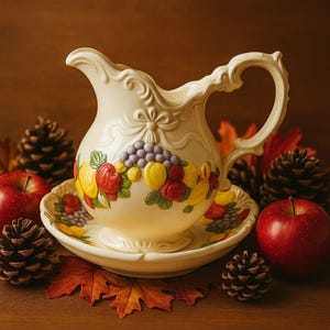 Könnte beinhalten: Cremefarbener Keramikkrug und passendes Untertassen-Set, verziert mit einem farbenfrohen Fruchtdesign mit Trauben, Äpfeln und Pfirsichen. Das Set ist von roten Äpfeln, Tannenzapfen und Herbstblättern umgeben.