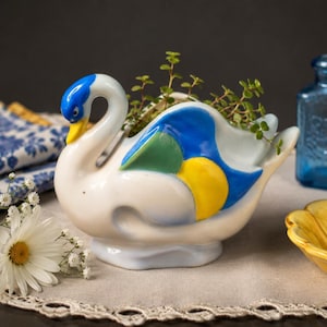 Vintage Ceramic Colorblock Swan Planter | 1940s–1950s Occupied Japan