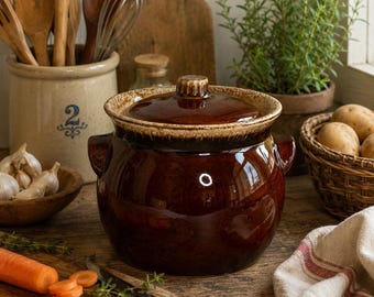 Vintage Hull Pottery | Oven Proof Brown Drip Glaze Bean Pot or Crock w/Lid | USA