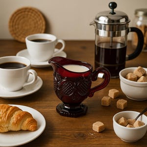 Könnte beinhalten: Eine dunkelrote Glas-Sahnekännchen, gefüllt mit Milch, steht auf einem Holztisch, neben zwei weißen Kaffeetassen, einer French Press und einem Teller mit einem Croissant. Kleine Schalen mit braunen Würfelzucker vervollständigen die Szene.