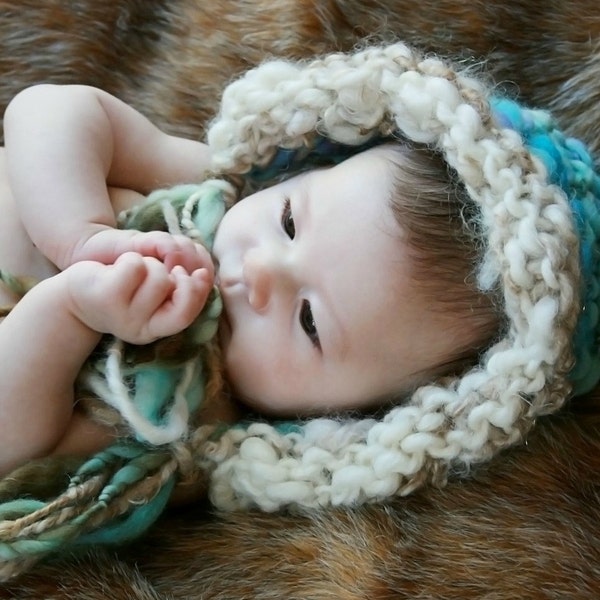 Little Pixies - turquoise, purple, brown and natural baby bonnet