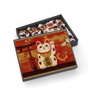 Maneki Neko Abstract Puzzle Japanese Lucky Cat in Red and Gold 　Modern Jigsaw Puzzle Asian Art Wall Decor Gift